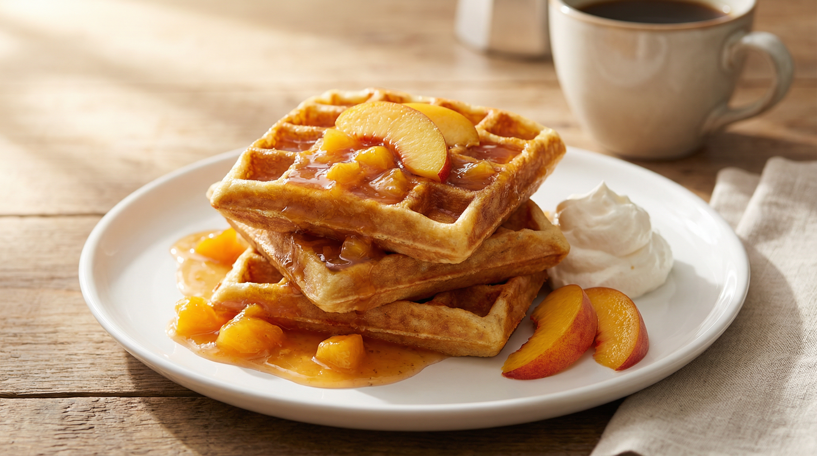 Belgian Waffles with Peach Sauce